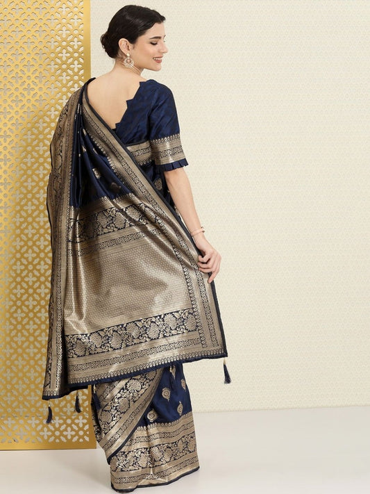 Navy Blue and Gold Ethic Motifs Zari Woven Traditional Saree - Inddus.com