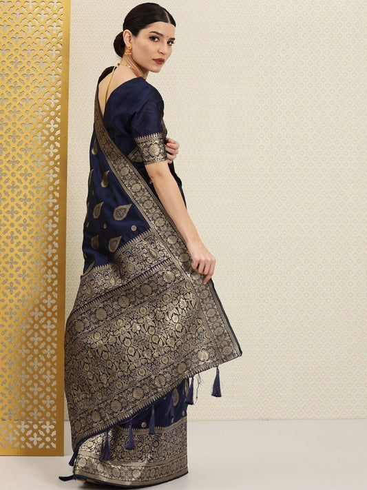 Navy Blue and Gold Ethnic Motifs Zari Woven Saree - Inddus.com