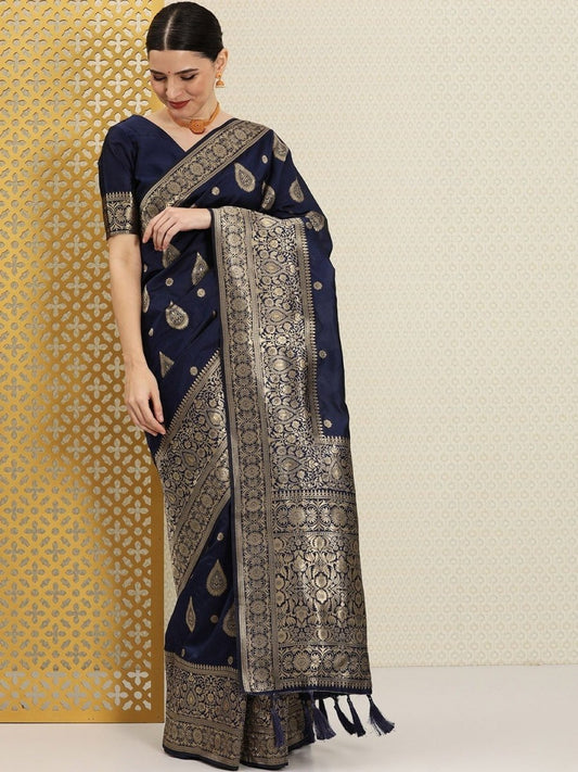 Navy Blue and Gold Ethnic Motifs Zari Woven Saree - Inddus.com