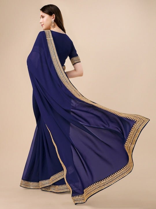 Navy Blue And Gold-Toned Embroidery Detailed Saree - Inddus.com