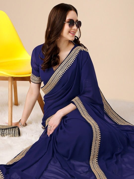 Navy Blue And Gold-Toned Embroidery Detailed Saree - Inddus.com