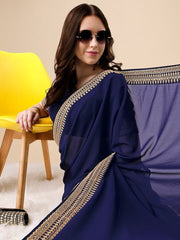 Navy Blue And Gold-Toned Embroidery Detailed Saree - Inddus.com