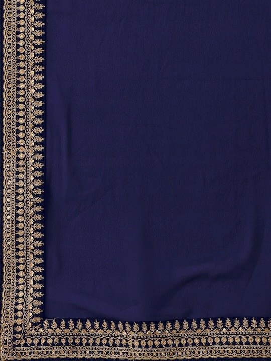 Navy Blue And Gold-Toned Embroidery Detailed Saree - Inddus.com