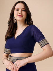 Navy Blue And Gold-Toned Embroidery Detailed Saree - Inddus.com