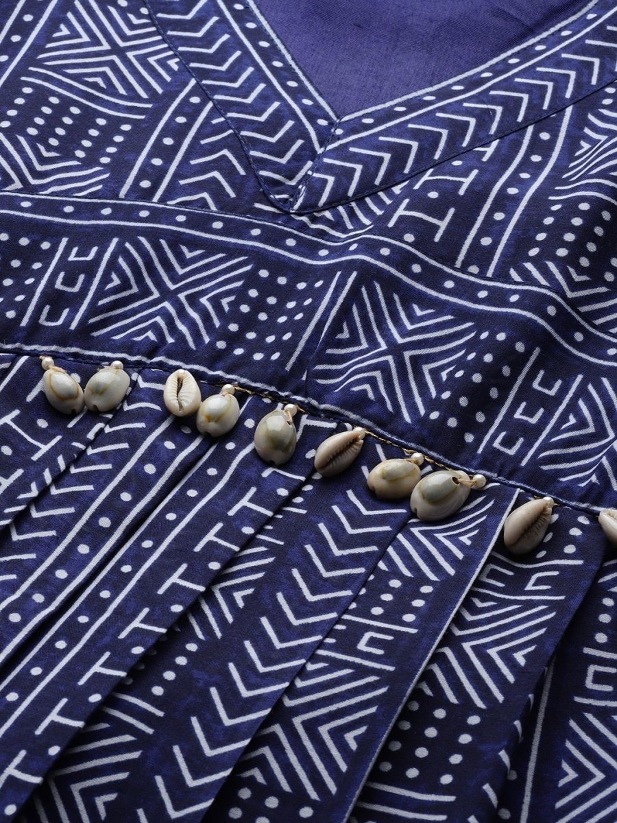 Navy Blue and White Printed Kurta - Inddus.com