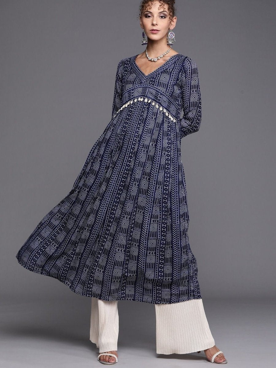 Navy Blue and White Printed Kurta - Inddus.com