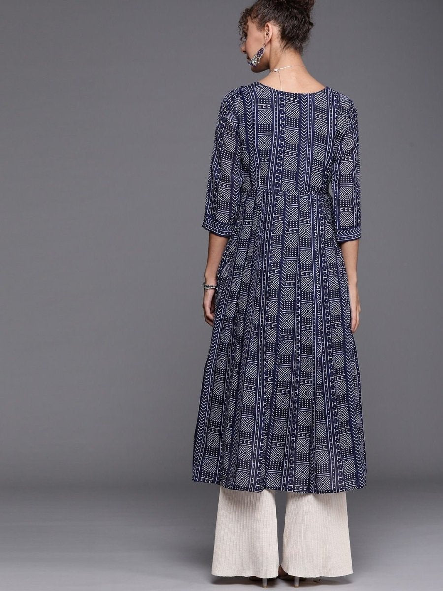 Navy Blue and White Printed Kurta - Inddus.com