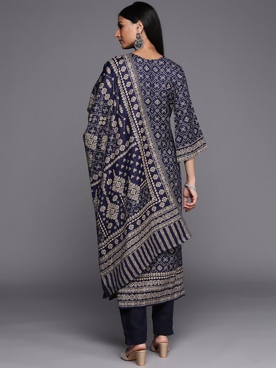 Navy Blue & Beige Printed Woven Pashmina Winter Wear Unstitched Dress Material - Inddus.com