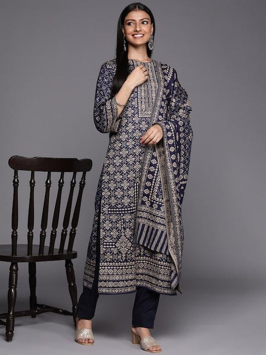 Navy Blue & Beige Printed Woven Pashmina Winter Wear Unstitched Dress Material - Inddus.com