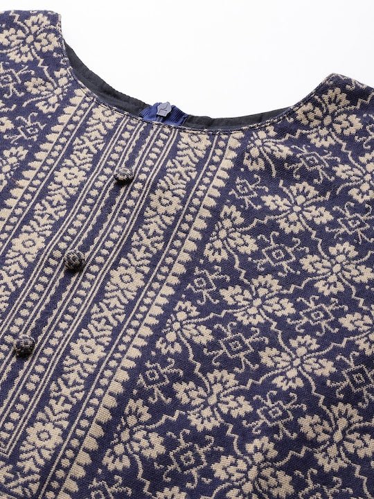 Navy Blue & Beige Printed Woven Pashmina Winter Wear Unstitched Dress Material - Inddus.com