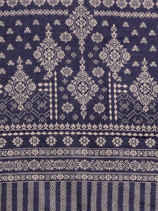 Navy Blue & Beige Printed Woven Pashmina Winter Wear Unstitched Dress Material - Inddus.com