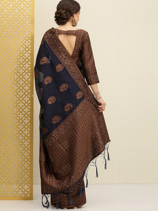 Navy Blue & Bronze-Toned Ethnic Motifs Beads & Stones Saree - Inddus.com