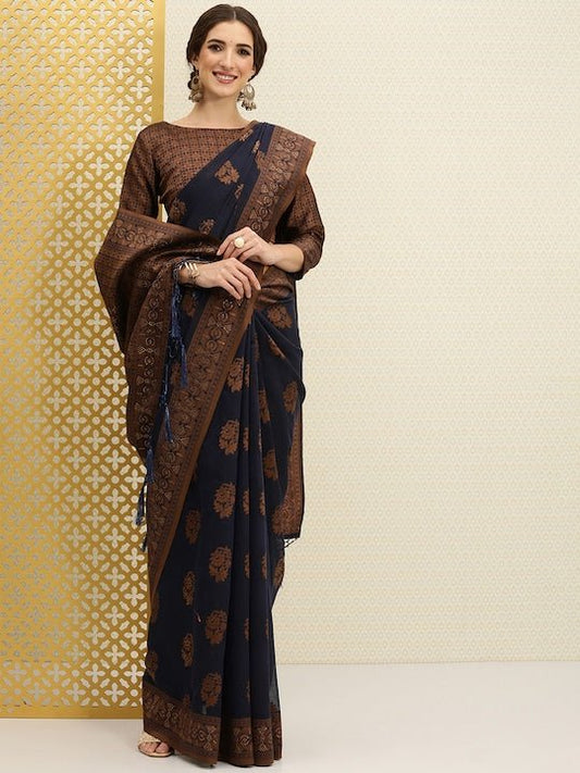 Navy Blue & Bronze-Toned Ethnic Motifs Beads & Stones Saree - Inddus.com