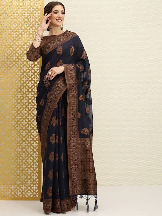 Navy Blue & Bronze-Toned Ethnic Motifs Beads & Stones Saree - Inddus.com