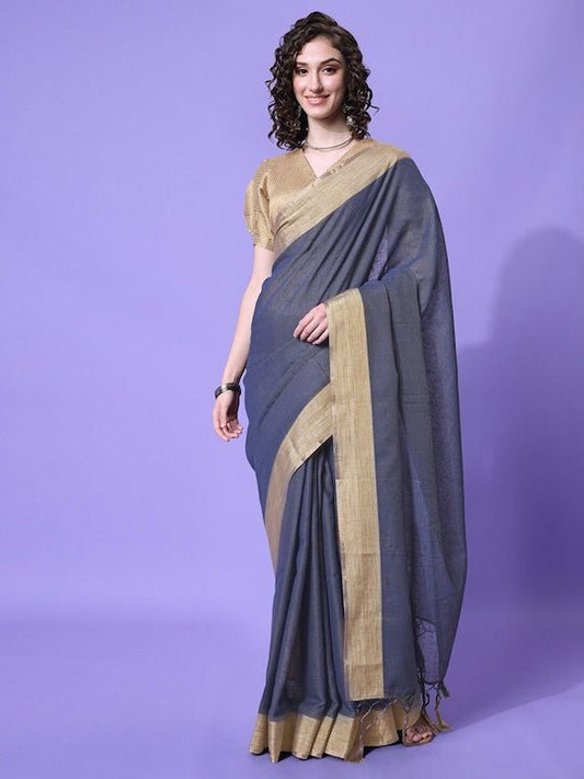 Navy Blue & Brown Woven Design Saree - Inddus.com