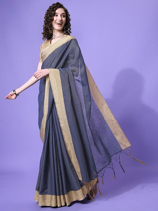 Navy Blue & Brown Woven Design Saree - Inddus.com