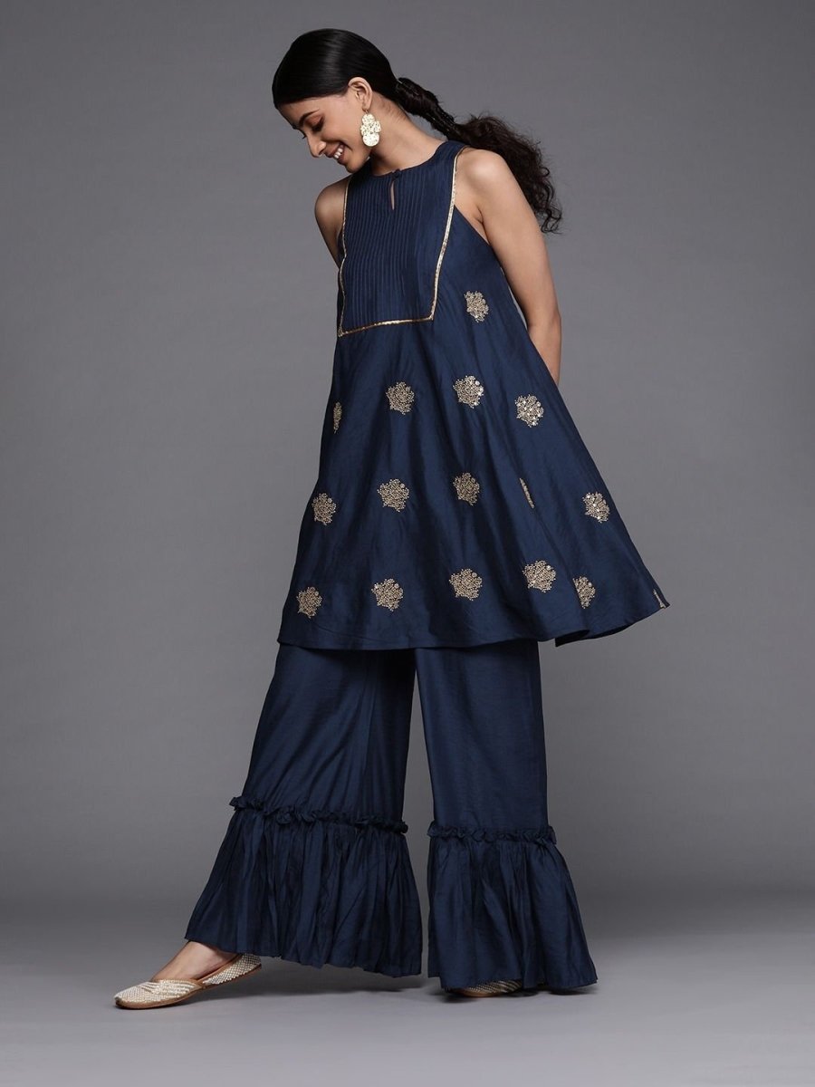 Navy Blue Chanderi Cotton Thread Work Palazzo Suit - inddus-us