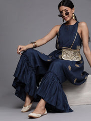 Navy Blue Chanderi Cotton Thread Work Palazzo Suit - inddus-us