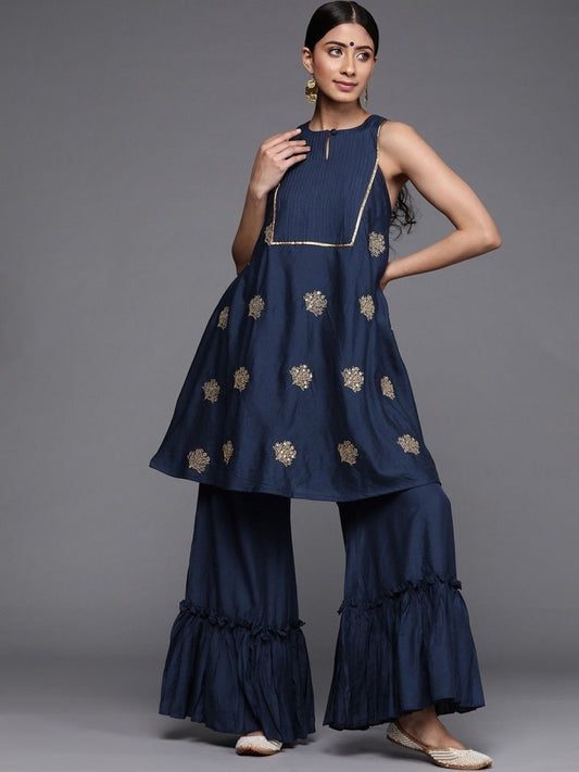 Navy Blue Chanderi Cotton Thread Work Palazzo Suit - inddus-us