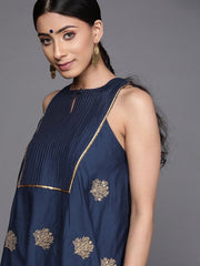 Navy Blue Chanderi Cotton Thread Work Palazzo Suit - inddus-us