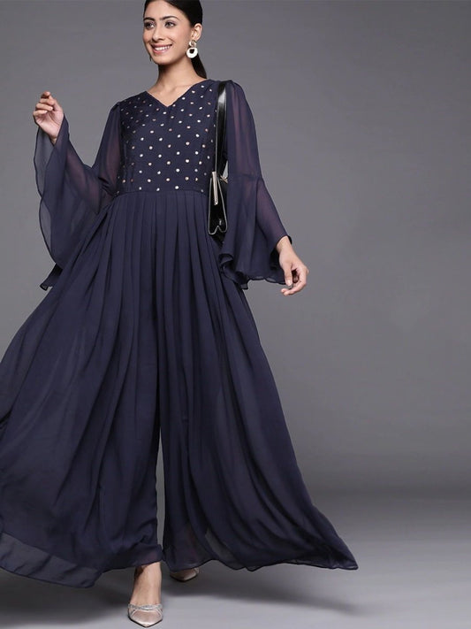 Navy Blue Cotton Blend and Georgette Solid Jumpsuit - inddus-us