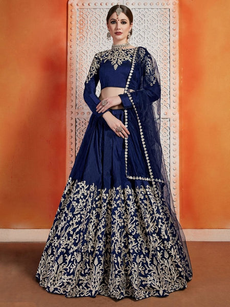 Sabyasachi Navy Blue Heavily Embroidered Satin Silk Bridal Lehenga Choli  With Cream Dupatta at Rs 3100 | कढ़ाई वाला दुल्हन का लेहंगा in Surat | ID:  21874699433