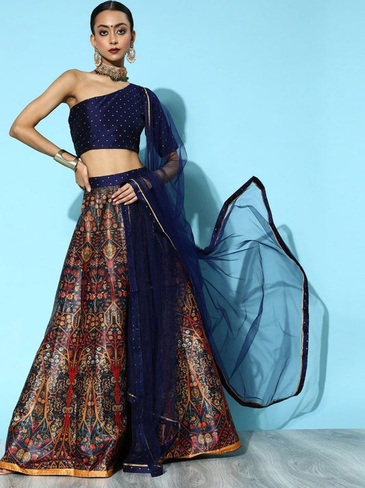 Navy Blue Digital Print Lehenga with Dupatta and Blouse - Inddus.com