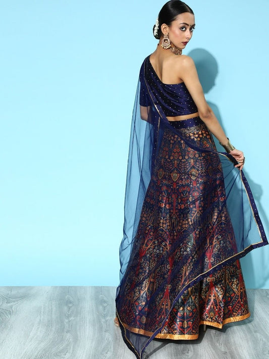 Navy Blue Digital Print Lehenga with Dupatta and Blouse - Inddus.com