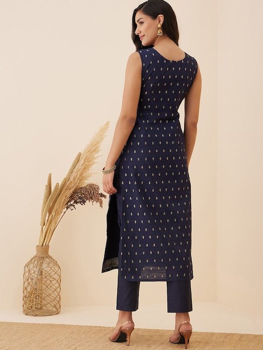 Navy blue Ethnic Motif Woven Design Straight Kurta with Trousers - Inddus.com