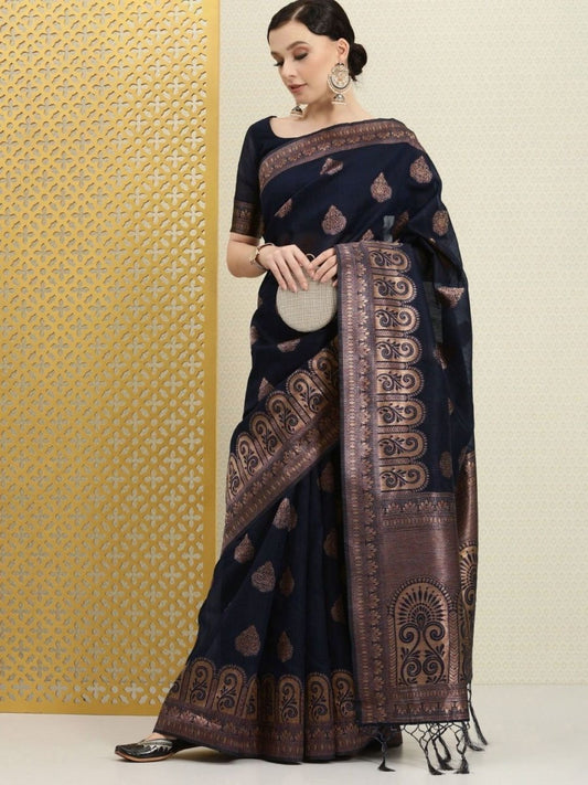 Navy Blue Ethnic Motifs Woven Saree - inddus-us