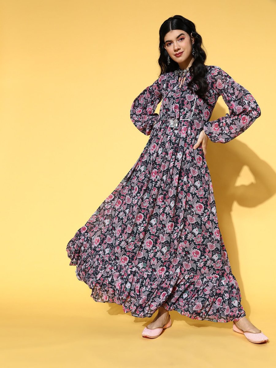 Navy Blue Fit and Flared Floral Printed Gown - Inddus.com