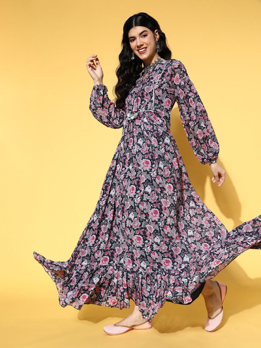 Navy Blue Fit and Flared Floral Printed Gown - Inddus.com