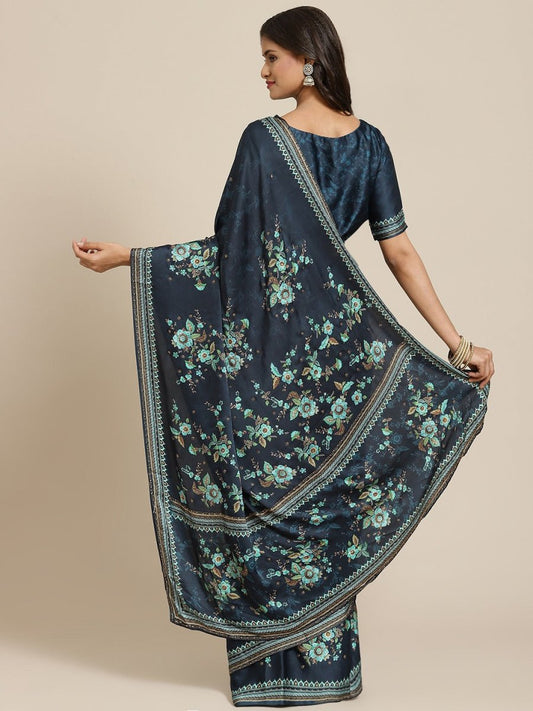 Navy Blue Floral Beads and Stones Satin Saree - Inddus.com