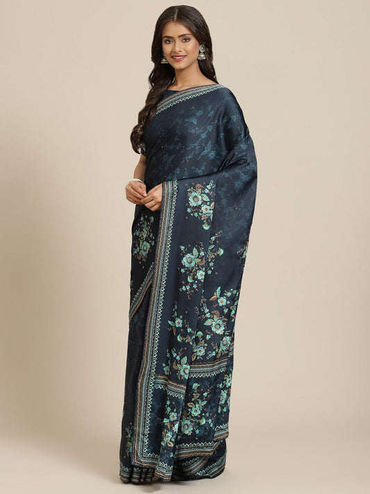 Navy Blue Floral Beads and Stones Satin Saree - Inddus.com