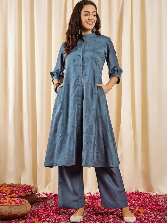 Navy blue Floral Embroidered Panelled Thread Work Kurta with Trousers - Inddus.com