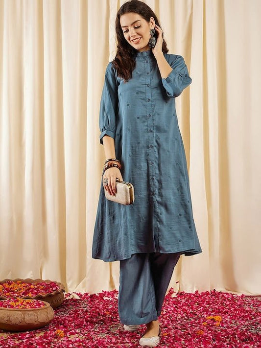 Navy blue Floral Embroidered Panelled Thread Work Kurta with Trousers - Inddus.com