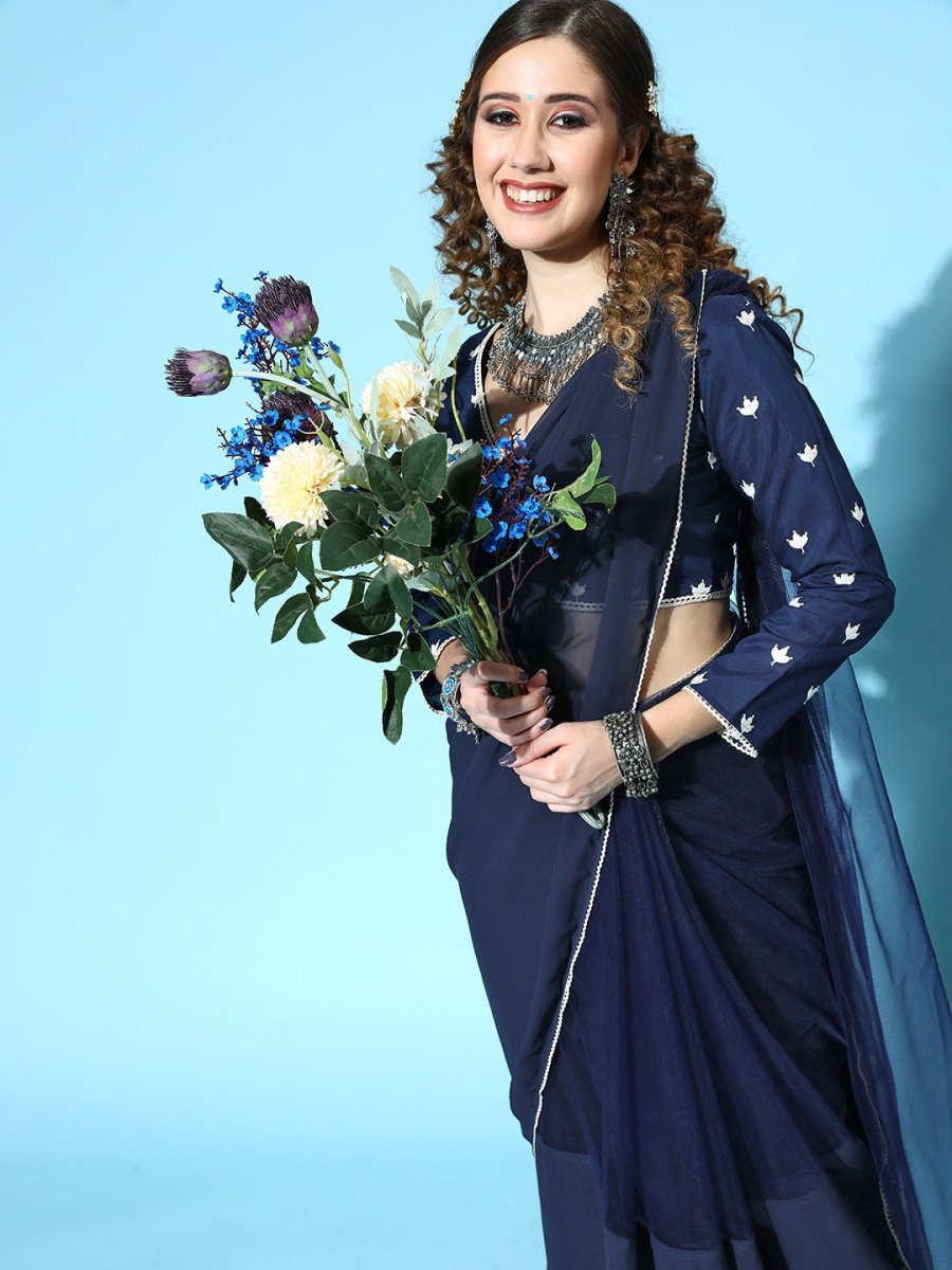 Navy Blue Georgette and Net Half Half Saree with Embroidered Blouse Piece - Inddus.com