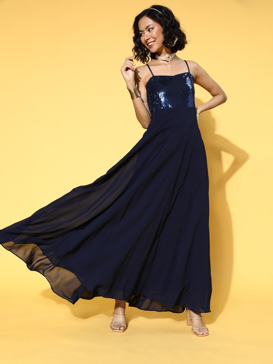 Navy Blue Georgette Embroidered Sequined Gown - Inddus.com