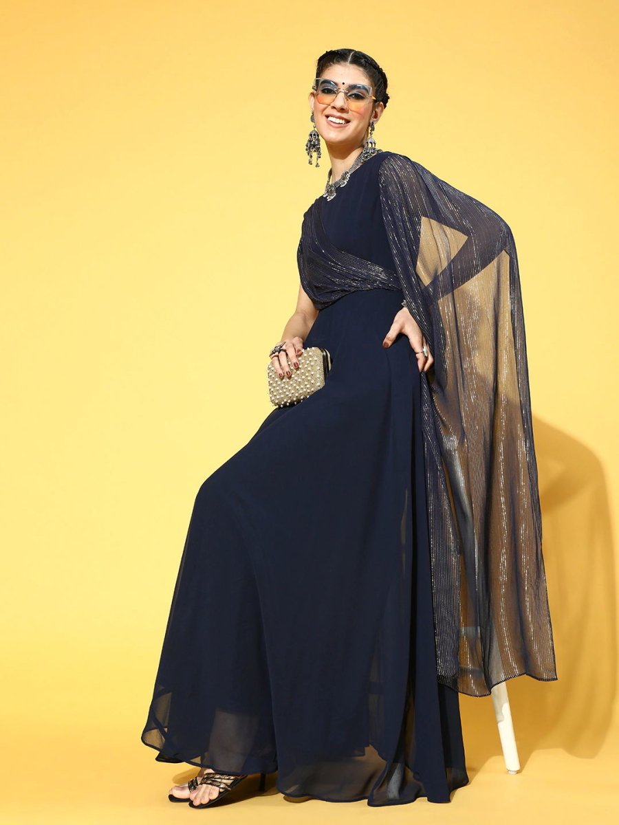 Navy Blue Georgette Partywear Solid Dresses - Inddus.com