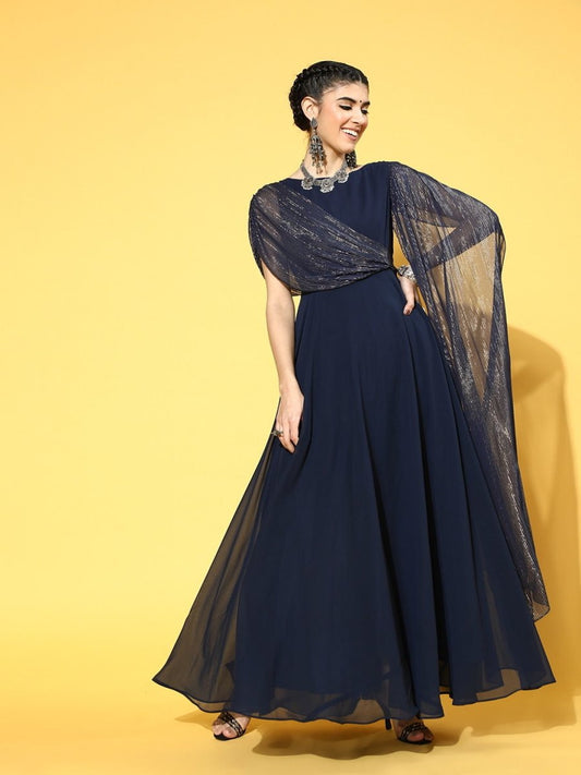 Navy Blue Georgette Partywear Solid Dresses - Inddus.com