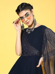 Navy Blue Georgette Partywear Solid Dresses - Inddus.com