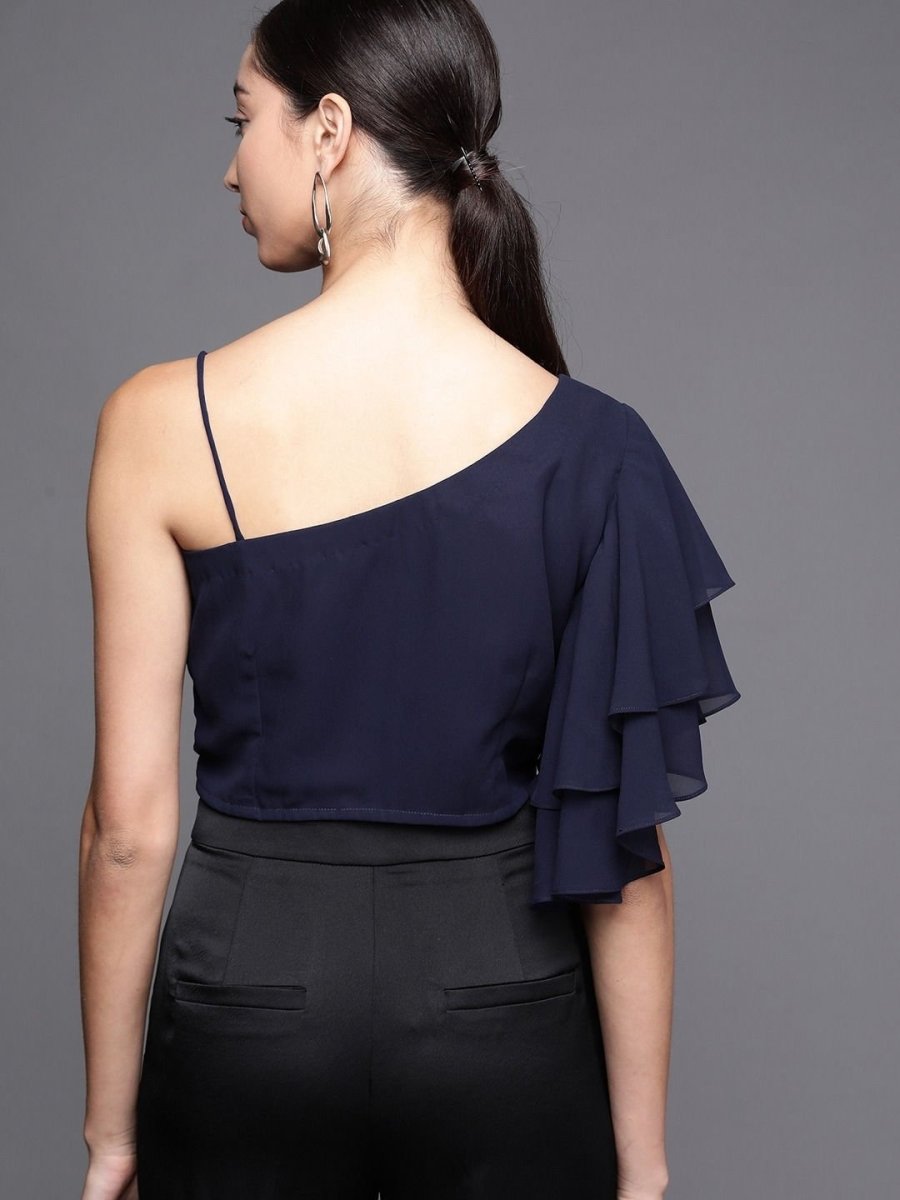 Navy Blue Georgette Solid Crop Top - inddus-us