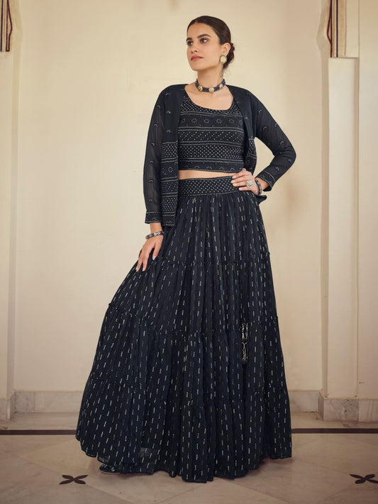 Navy Blue Georgette Wedding Lehenga Choli - Inddus.com