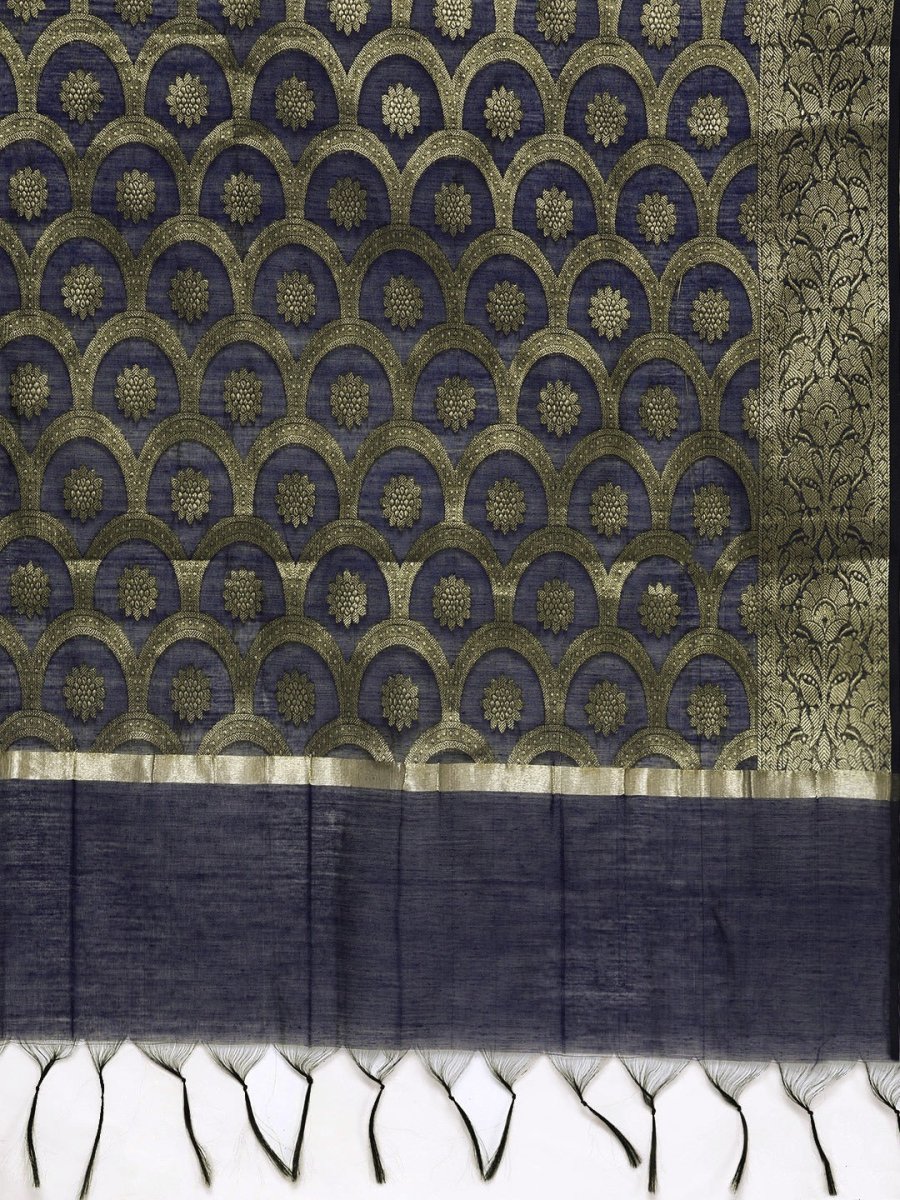 Navy Blue & Gold-Toned Chanderi Cotton Printed Unstitched Dress Material - Inddus.com