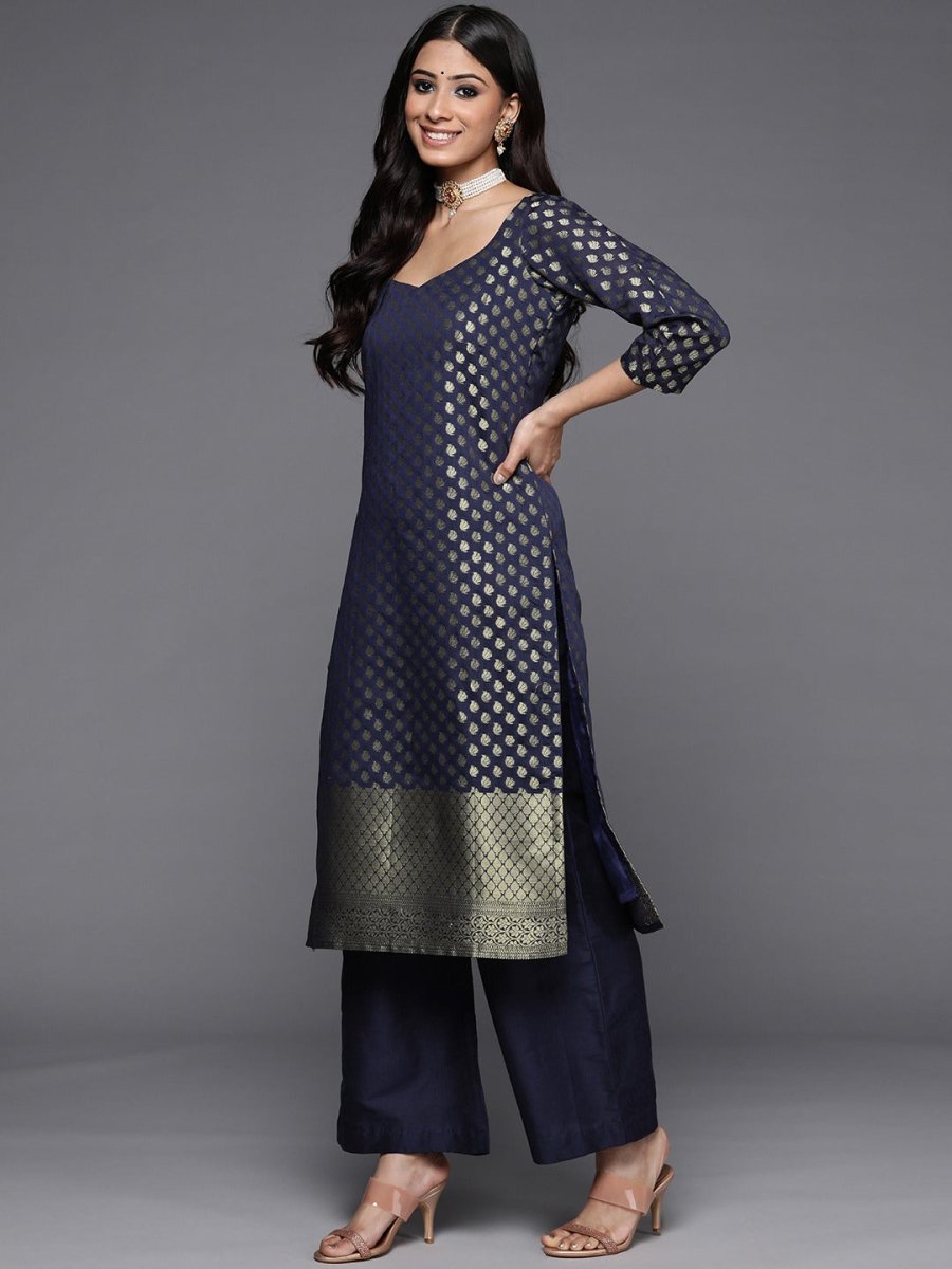 Navy Blue & Gold-Toned Chanderi Cotton Printed Unstitched Dress Material - Inddus.com