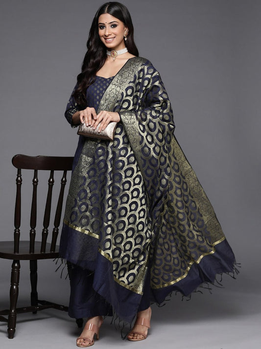 Navy Blue & Gold-Toned Chanderi Cotton Printed Unstitched Dress Material - Inddus.com