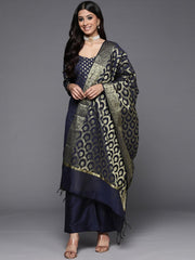 Navy Blue & Gold-Toned Chanderi Cotton Printed Unstitched Dress Material - Inddus.com