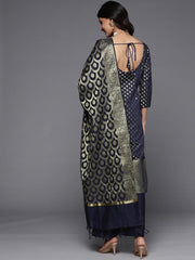 Navy Blue & Gold-Toned Chanderi Cotton Printed Unstitched Dress Material - Inddus.com