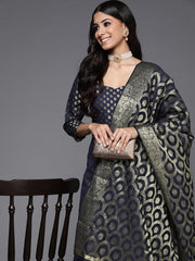 Navy Blue & Gold-Toned Chanderi Cotton Printed Unstitched Dress Material - Inddus.com