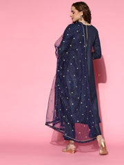 Navy Blue Gotta Detailing Panelled Kurta with Pants and Net Dupatta - Inddus.com